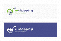 E-Shopping - Trolley Cart & Bar Code Alphabetic Iconic Stock Logo Template for E-Commerce