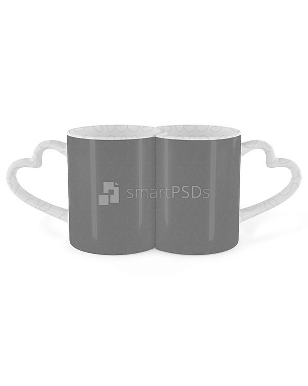 Full Heart Shape Handle Couple Coffee Mugs Design Mockup