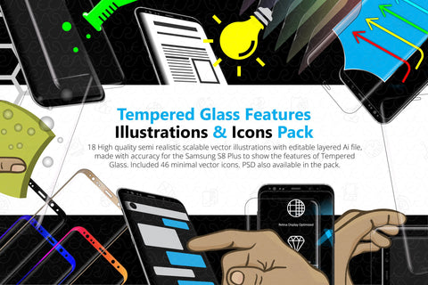 Tempered Glass Features Illustrations & Icons Pack