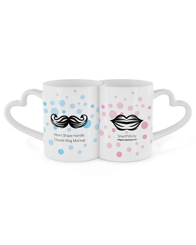 Full Heart Shape Handle Couple Coffee Mugs Design Mockup