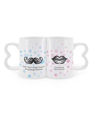 Half Moon Shape Couple Coffee Mugs Design Mockup