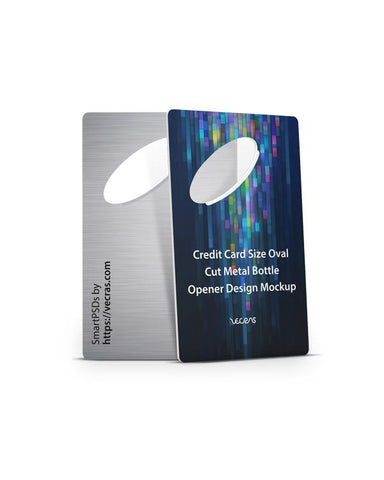 Credit Card Size Oval Cut Metal Bottle Opener Design Mockup