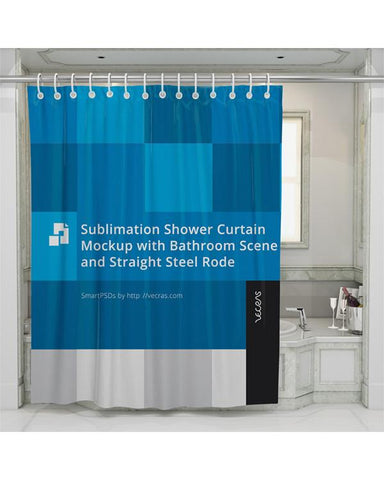 Sublimation Shower Curtain Mockup with Bathroom Scene and Straight Steel Rode