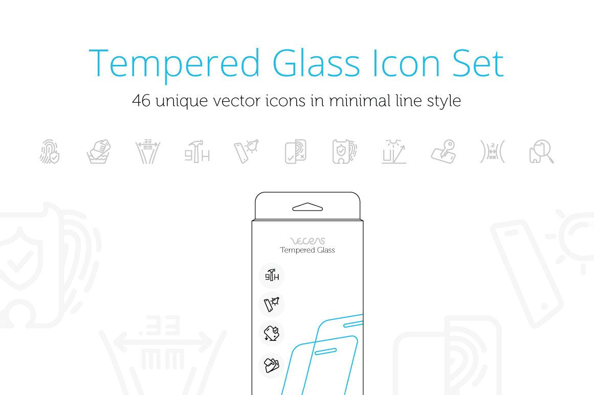 Mobile Tempered Glass Features Icons Set