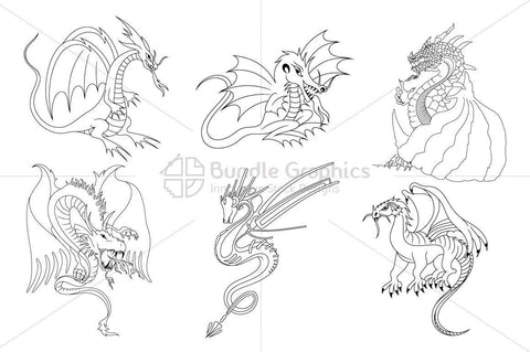 Fictional Dragons Linear Black Vector Set