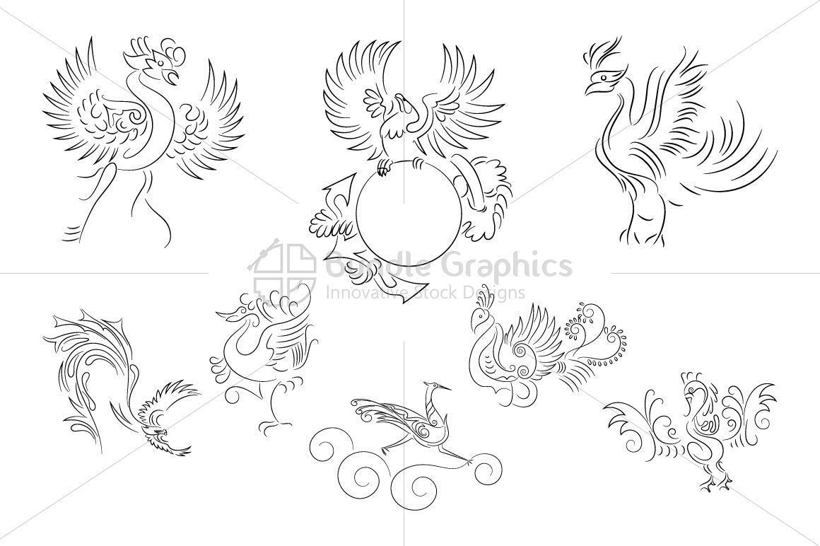 Royalty Free Freestyle Ornamental Black Phoenix Vector Set