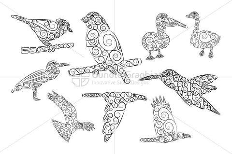 Royalty Free Sparrow, Duck, Kingfisher, Eagle Birds Swirled Style Linear Vector Set